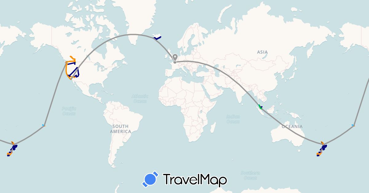 TravelMap itinerary: driving, bus, plane, hiking, boat, hitchhiking in Canada, France, Iceland, Malaysia, New Zealand, French Polynesia, Singapore, United States (Asia, Europe, North America, Oceania)